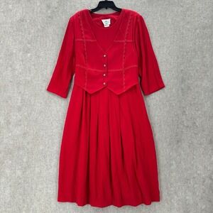 VTG Studio C‎ Red Button Front Vest Dress 20W Midi Pleated Tie Waist Modest